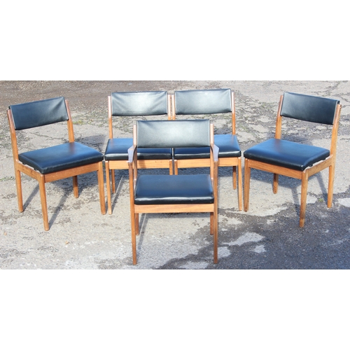 8 - 5 retro Danish style mid-century teak chairs to incl 1 carver, with black vinyl upholstery, possibly... 