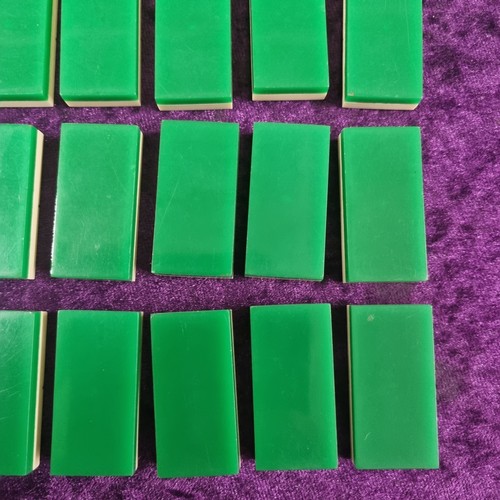 1548 - Set of small 1930’s Art Deco two tone cream and green Bakelite dominoes with steel pins in original ... 