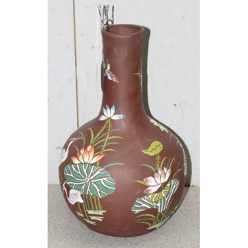 1632 - Terracotta and raised enamel long neck vase vase with Chinese markings to base approx. 35cm tall