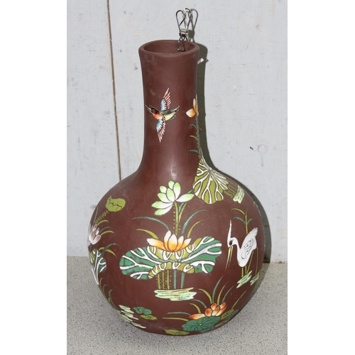 1632 - Terracotta and raised enamel long neck vase vase with Chinese markings to base approx. 35cm tall