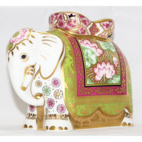 1640 - Royal Crown Derby 'Mother Indian Elephant' with gold, pink and green decoration, approx 11.5cm tall