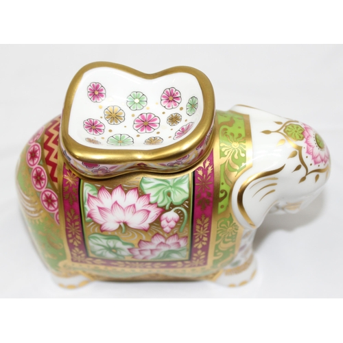 1640 - Royal Crown Derby 'Mother Indian Elephant' with gold, pink and green decoration, approx 11.5cm tall