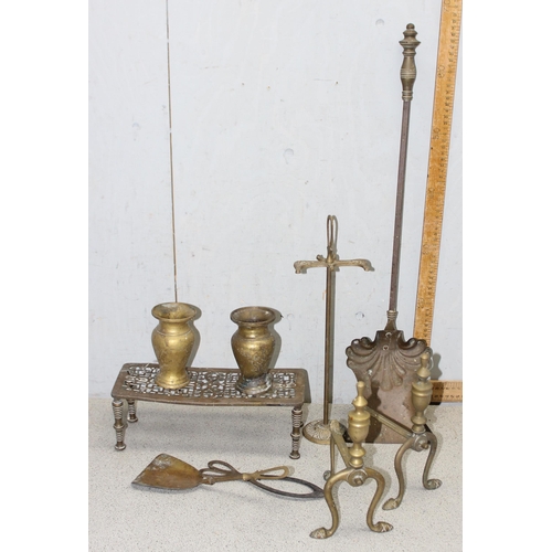 1741 - Qty of Antique and later brassware to include a pair of Firedogs and 2 vases