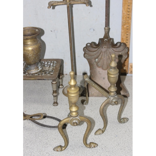 1741 - Qty of Antique and later brassware to include a pair of Firedogs and 2 vases