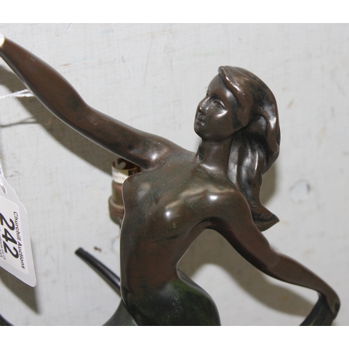 242 - Art deco style figural lamp in bronzed composition, modelled as a dancing female on stepped base