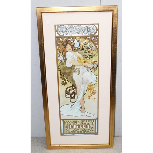 423 - 2 framed Alphonse Mucha style Art Nouveau prints, approx 82cm x 39cm