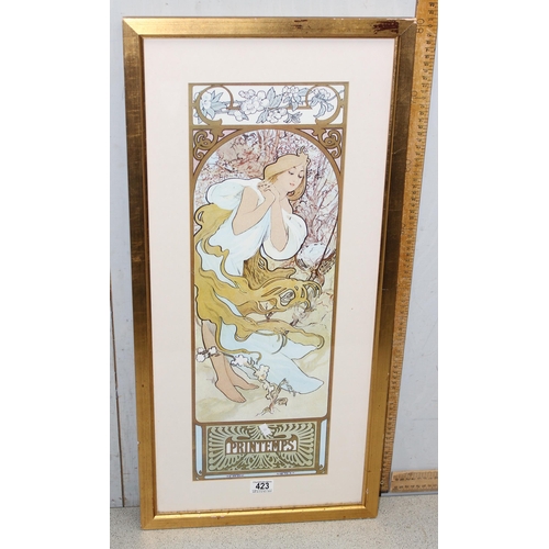 423 - 2 framed Alphonse Mucha style Art Nouveau prints, approx 82cm x 39cm