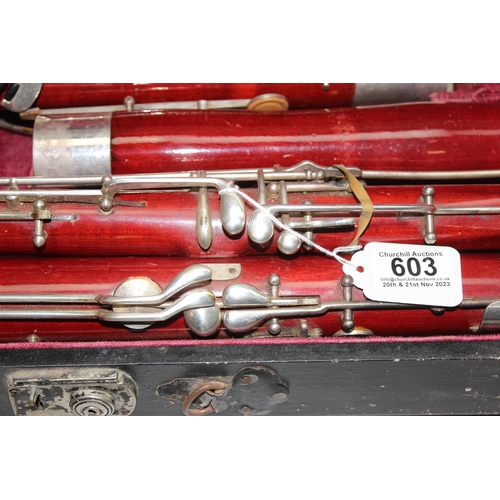 603 - Vintage unbranded Bassoon in case with red interior