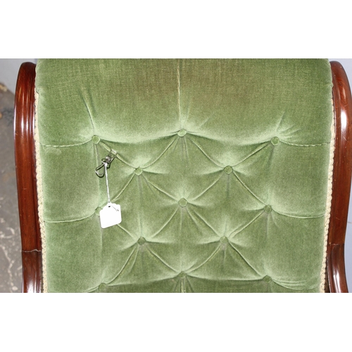 80 - Antique button back green upholstered mahogany framed library chair with scroll arms and ceramic cas... 