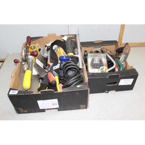 803 - 2 boxes of assorted tools and garage odds to incl skimming trowels, floats, brackets etc