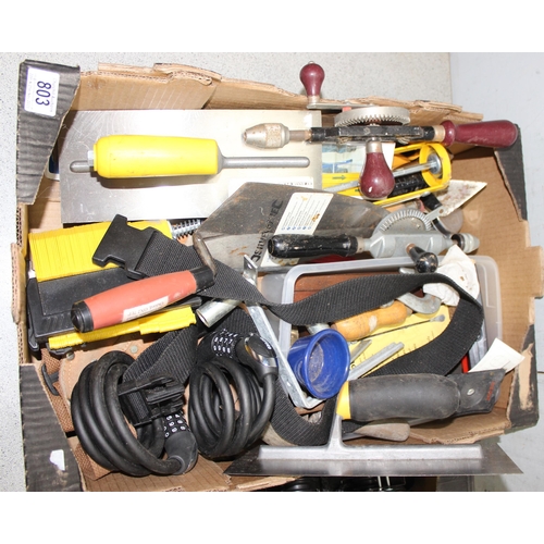 803 - 2 boxes of assorted tools and garage odds to incl skimming trowels, floats, brackets etc