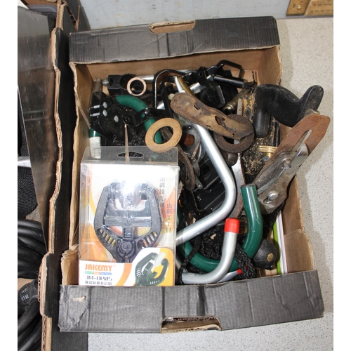 803 - 2 boxes of assorted tools and garage odds to incl skimming trowels, floats, brackets etc