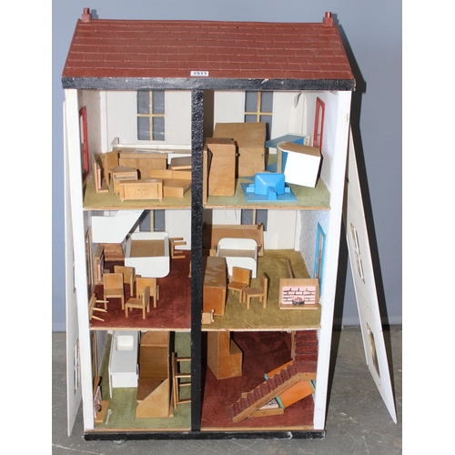 1511 - A large vintage wooden dolls house with a large qty of furniture and accessories, approx 64cm wide x... 