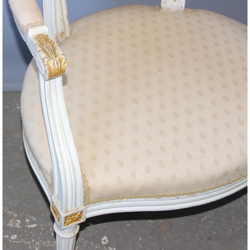 71 - A pair of regency style Fauteuil chairs with shield backs, pattered light upholstery with white pain... 