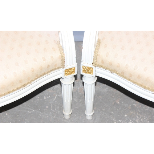 71 - A pair of regency style Fauteuil chairs with shield backs, pattered light upholstery with white pain... 