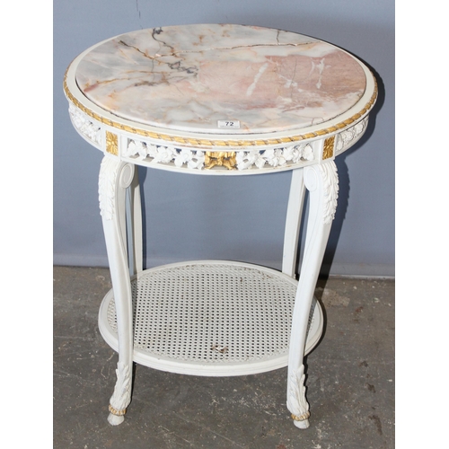 72 - A 19th century marble topped side table with white and gilt painted base, approx 60cm wide x 50cm de... 