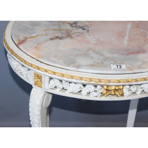 72 - A 19th century marble topped side table with white and gilt painted base, approx 60cm wide x 50cm de... 