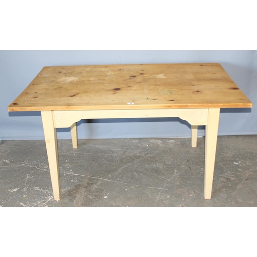 76 - A vintage pine topped farmhouse table with white painted base, approx 152cm wide x 92cm deep x 77cm ... 