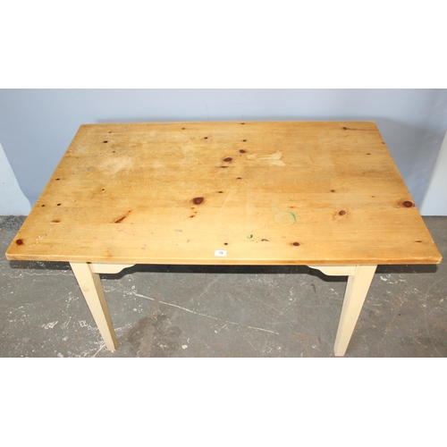 76 - A vintage pine topped farmhouse table with white painted base, approx 152cm wide x 92cm deep x 77cm ... 