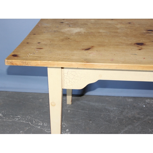 76 - A vintage pine topped farmhouse table with white painted base, approx 152cm wide x 92cm deep x 77cm ... 