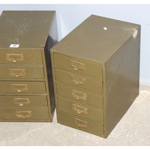 86 - 2 vintage green painted sets of 5 drawer Bisley style metal cabinets, each approx 27cm wide x 38cm d... 