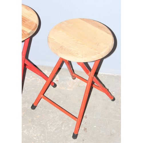 89 - A set of 3 folding pine topped stools with metal bases, each approx 47cm tall