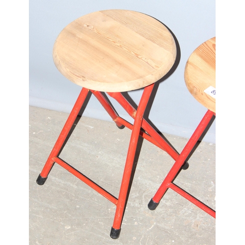 89 - A set of 3 folding pine topped stools with metal bases, each approx 47cm tall