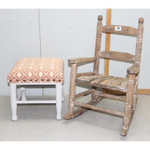 90 - A small distressed wooden child's rocking chair and a painted and upholstered footstool (2)