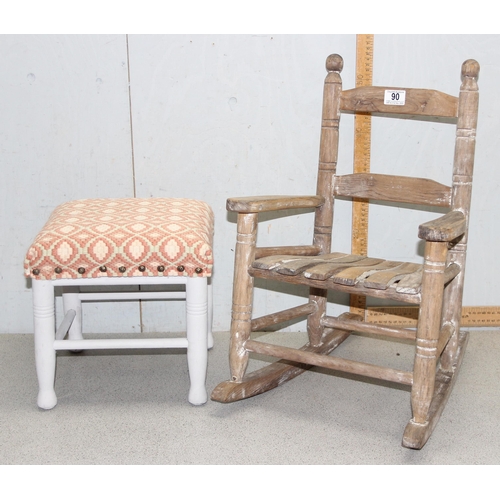 90 - A small distressed wooden child's rocking chair and a painted and upholstered footstool (2)