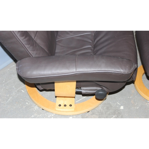 93 - An Ekornes style bentwood and leather reclining armchair and footstool, approx 94cm tall