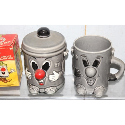 1528 - Vintage Dusty Bin items to incl wind-up toy and ceramic mugs, egg cup and money box