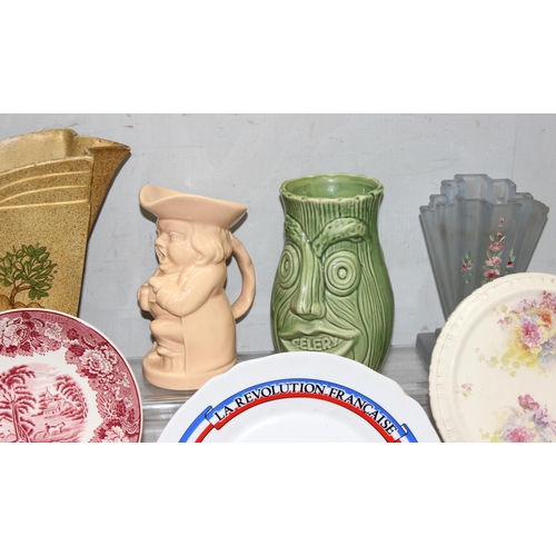 1746 - 2 boxes of mixed ceramics and glass to incl Art Deco vase, jugs, egg tray/dish, collectable plates, ... 