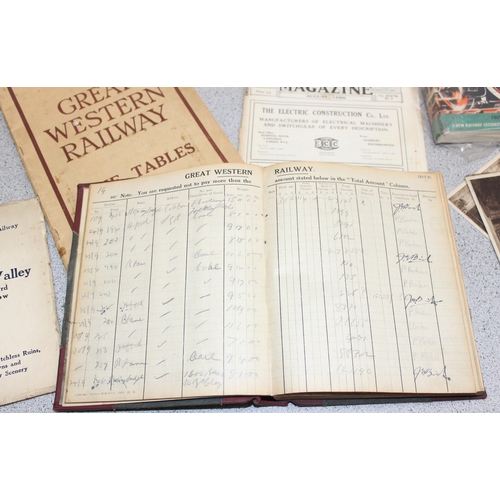 725 - Qty of antique and later railway related ephemera to incl banquet schedule and menu, GWR ledger book... 