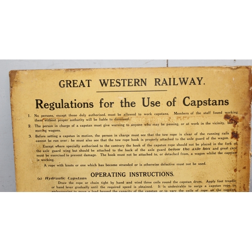 729 - Vintage GWR Regulations for the use of Capstans sign and a Southern Railway sign for Workmen's Compe... 