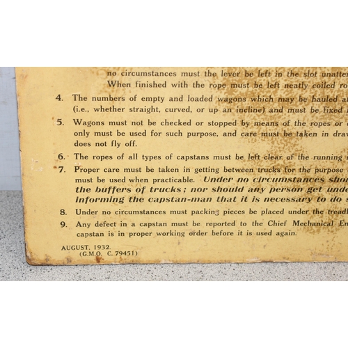 729 - Vintage GWR Regulations for the use of Capstans sign and a Southern Railway sign for Workmen's Compe... 