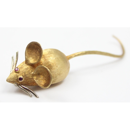 2001 - An Italian 18ct gold brooch formed as a mouse with ruby eyes, various markings to back and XRF confi... 