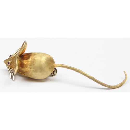 2001 - An Italian 18ct gold brooch formed as a mouse with ruby eyes, various markings to back and XRF confi... 