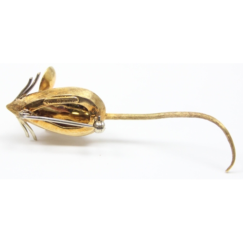 2001 - An Italian 18ct gold brooch formed as a mouse with ruby eyes, various markings to back and XRF confi... 