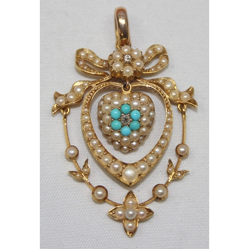 2006 - An antique 14ct gold heart shaped pendant set with diamonds, seed pearls and turquoise, seemingly un... 