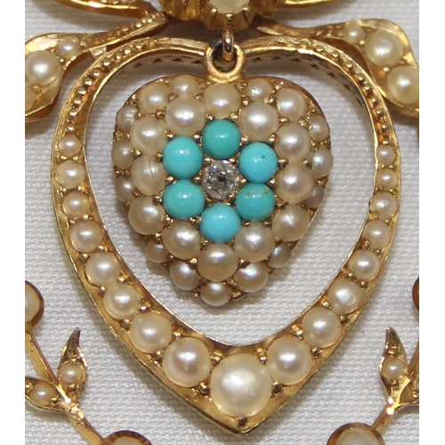 2006 - An antique 14ct gold heart shaped pendant set with diamonds, seed pearls and turquoise, seemingly un... 