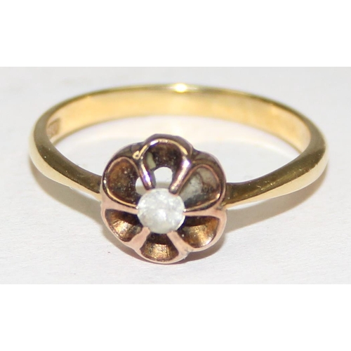 2037 - A vintage 18ct gold solitaire white stone floral set ring, approx size L, approx 2.28g gross