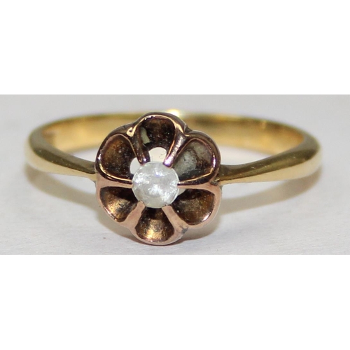 2037 - A vintage 18ct gold solitaire white stone floral set ring, approx size L, approx 2.28g gross