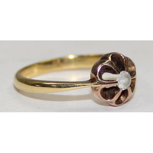 2037 - A vintage 18ct gold solitaire white stone floral set ring, approx size L, approx 2.28g gross