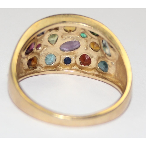 2041 - An unusual retro style 9ct gold ring set with a variety of different coloured stones, full English h... 