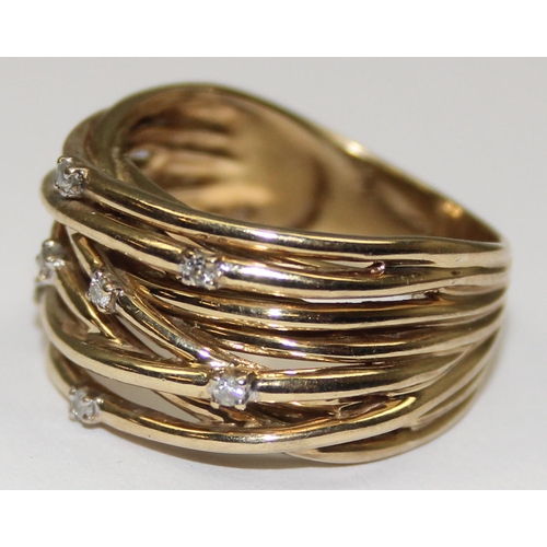 2042 - An unusual retro style 9ct gold woven basket ring set with small diamonds, full English hallmarks, a... 