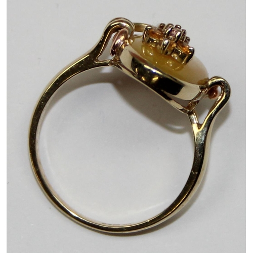 2070 - A retro style 9ct gold dress ring, a coloured oval mother of pearl backing fronted with a small gem ... 