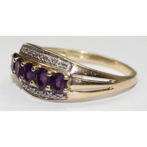 2096 - A retro style 9ct gold amethyst and diamond ring, full English hallmarks, approx size T, approx 2.71... 