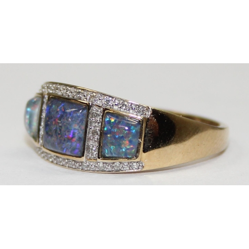 2103 - An Art Deco style 9ct gold trilogy triplet black opal and diamond ring, full English hallmarks, appr... 