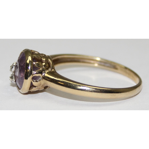 2105 - A retro style 9ct gold light purple stone and diamond ring, full English hallmarks, approx size T, a... 