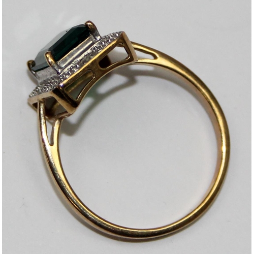 2107 - A 9ct gold Art Deco style greenstone ring surrounded by pave diamonds, full English hallmarks, appro... 